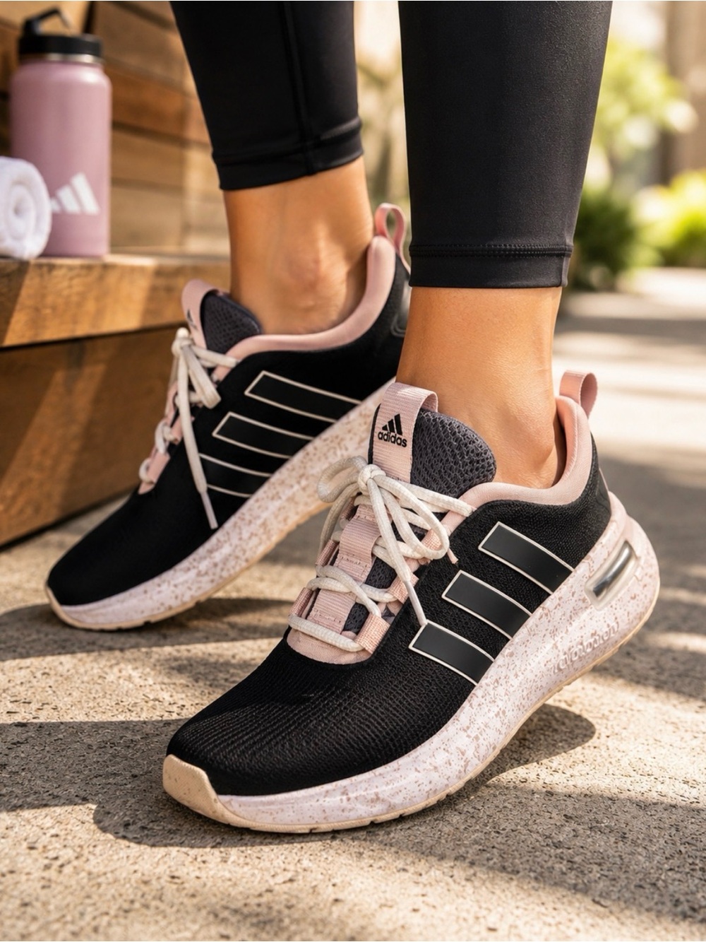 Cute Adidas sneakers in a black and soft blush pink color combo 🖤🌸 Size: 6